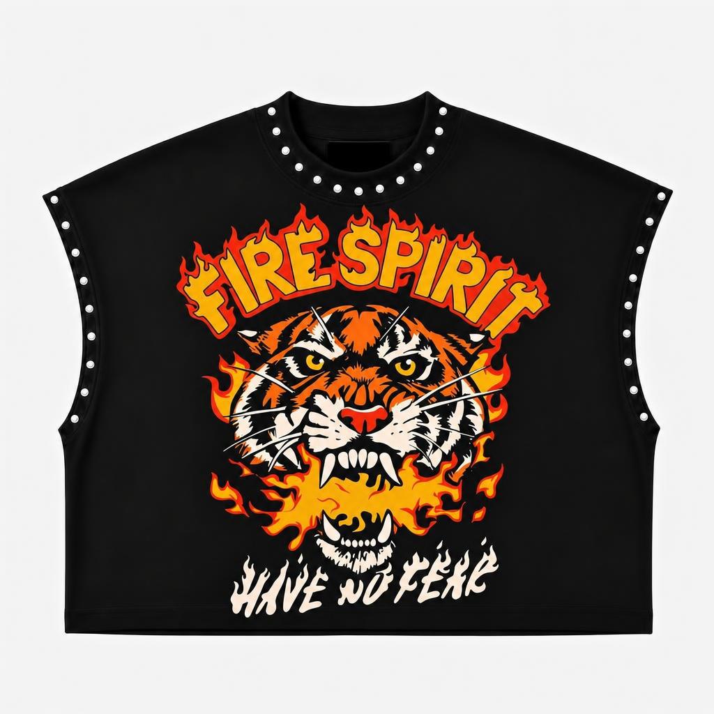 Rivet Decor Graphic Print Crew Neck Sleeveless Crop Tank Top Women