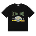 Rhude Retro Globe Badge Green Letter Black Oversized T‑Shirt