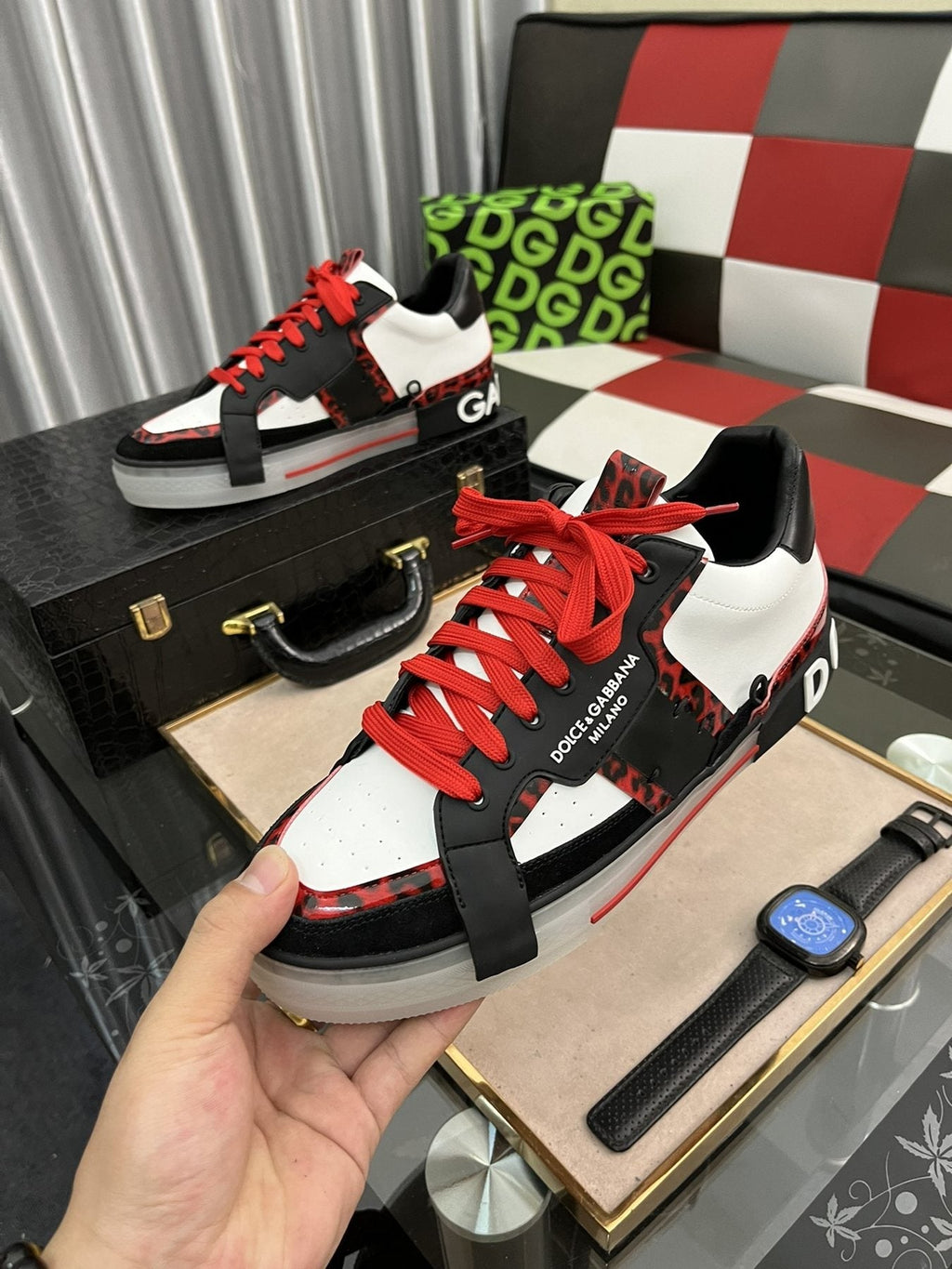 Dolce & Gabbana Men's Red-Lace Low-Top Sneakers