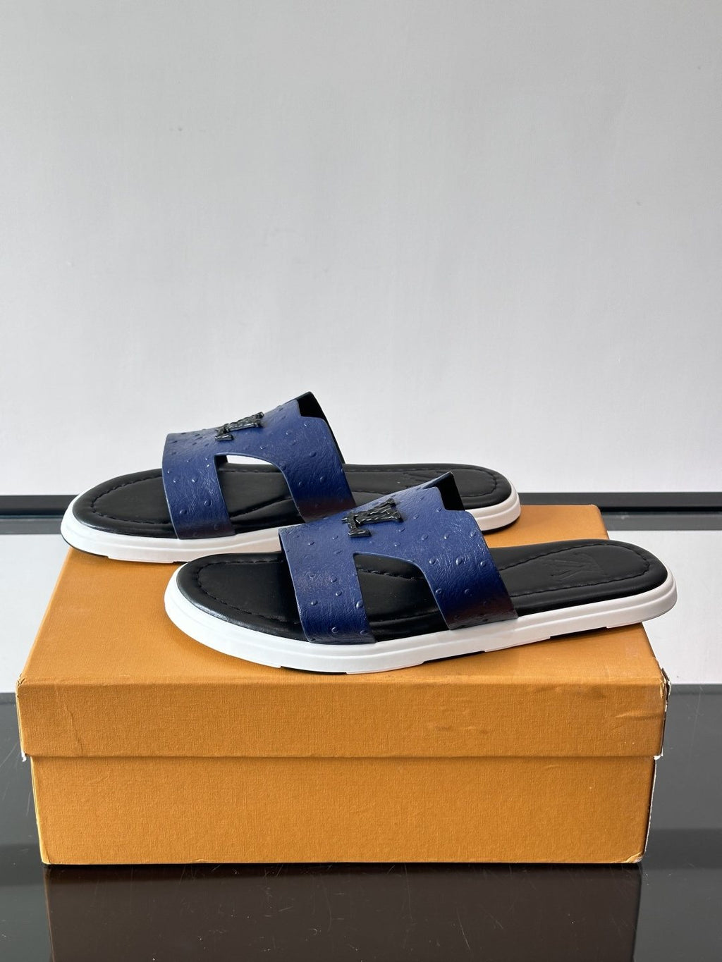 Louis Vuitton Embossed Blue Slide Sandals