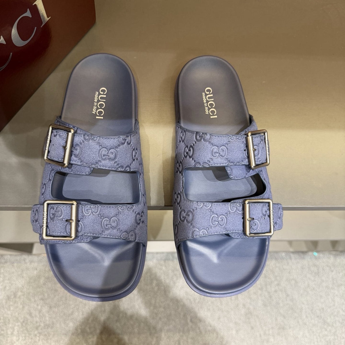Gucci Two-Buckle Monogram Slide Sandals